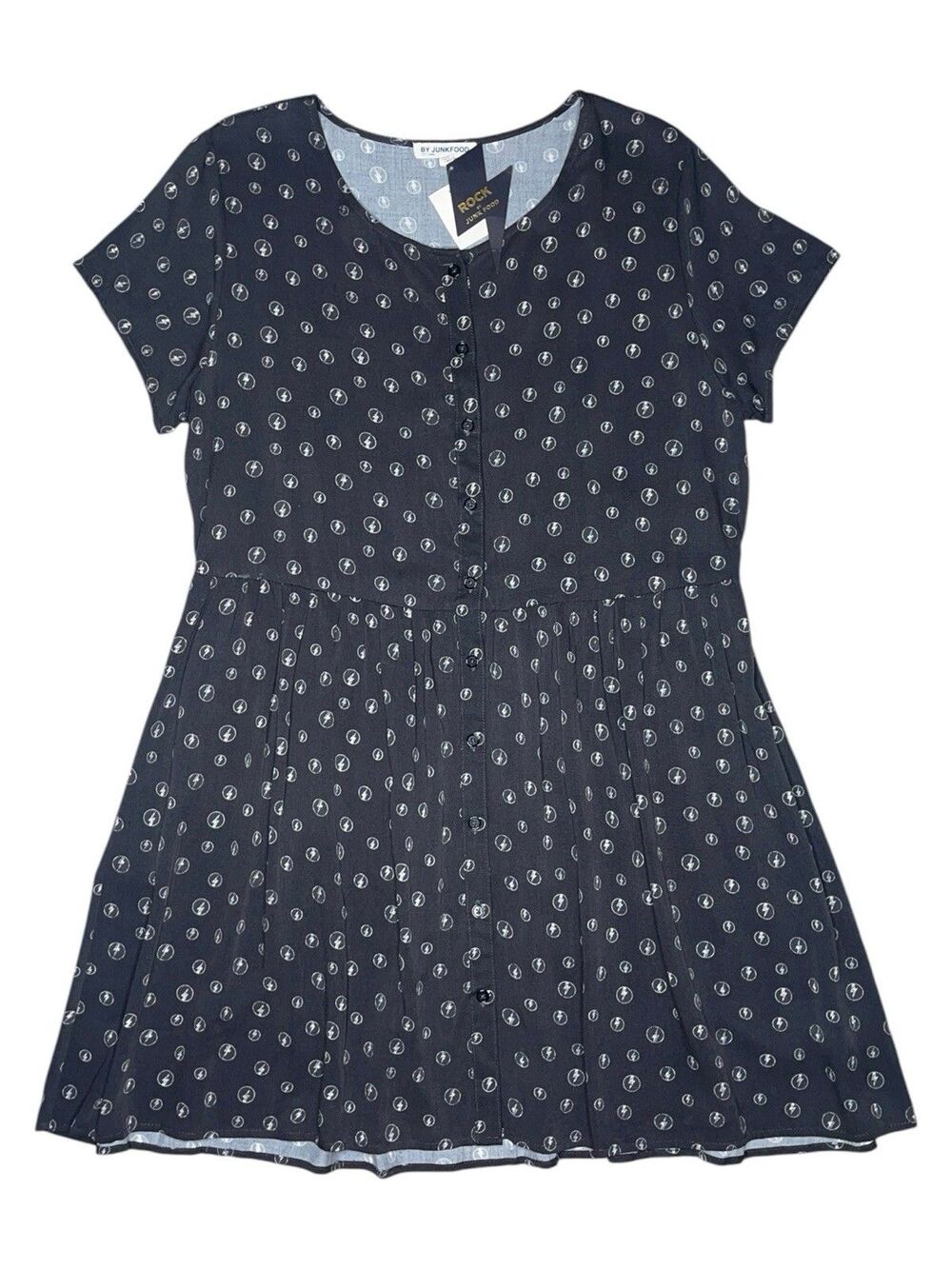 NEW Junk Food AC/DC Skater Dress Size XL Black Button Tie Waist Grunge Punk Rock